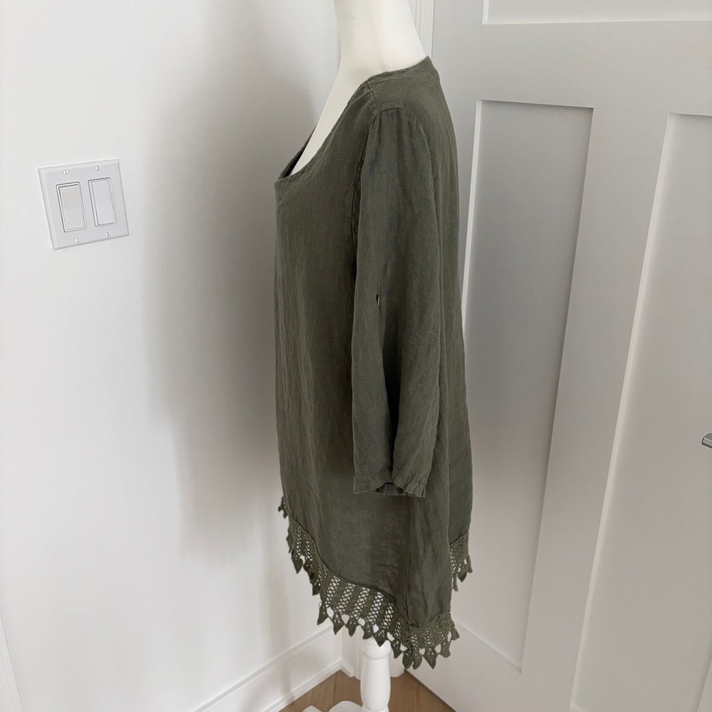 Lungo L’Arno Linen Tunic Top 1X Olive Green Boho Crochet Hem Lagenlook Italy*F1 - Picture 4 of 6